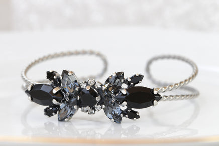GRAY BLACK BRACELET, Rebeka Wedding Silver Bracelet, Open Bracelet, Bridal Silver Night Adjustable Cuff ,Woman Evening Jewelry