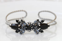 GRAY BLACK BRACELET, Rebeka Wedding Silver Bracelet, Open Bracelet, Bridal Silver Night Adjustable Cuff ,Woman Evening Jewelry