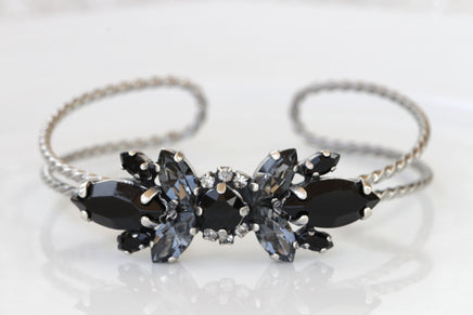 GRAY BLACK BRACELET, Rebeka Wedding Silver Bracelet, Open Bracelet, Bridal Silver Night Adjustable Cuff ,Woman Evening Jewelry
