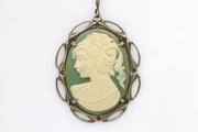 Cameo Necklace, Green Necklace, Cameo Pendant, Olive Green Jewelry, Lady Cameo Necklace, Victorian Style, Acrylic Cameo , Mother&#39;s Day Gift