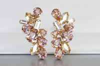 BLUSH EARRINGS, Vintage Rose Crystal earrings, Champagne Wedding jewelry, Rose Gold Cluster Studs, Bridal Earring, Rebeka Morganite Pink