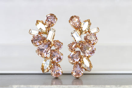 BLUSH EARRINGS, Vintage Rose Crystal earrings, Champagne Wedding jewelry, Rose Gold Cluster Studs, Bridal Earring, Rebeka Morganite Pink
