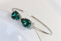 EMERALD BRACELET, Dark Green Necklace Earrings Bracelet Set, Wedding Rebeka Emerald Bridal Gift Jewelry Set,Bridesmaid Open Cuff Bracelet
