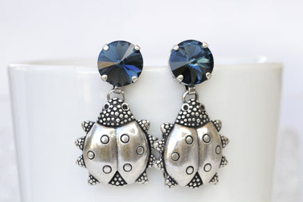 Navy Blue Dangle Earrings, Silver LADYBUG EARRINGS, Beatles Earrings, Animal Earrings, Teenagers Gift, Dark Blue, Cute Rebeka Jewelry