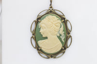 Cameo Necklace, Green Necklace, Cameo Pendant, Olive Green Jewelry, Lady Cameo Necklace, Victorian Style, Acrylic Cameo , Mother's Day Gift