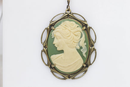 Cameo Necklace, Green Necklace, Cameo Pendant, Olive Green Jewelry, Lady Cameo Necklace, Victorian Style, Acrylic Cameo , Mother's Day Gift