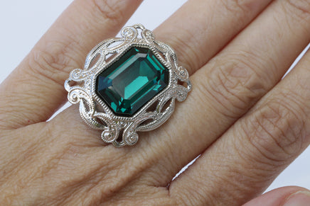 EMERALD STATEMENT EARRINGS, Dark Green Earrings, Rebeka Earrings, Antique Style, Big Drop Earrings, Filigree Jewelry,Emerald Cut Earrings