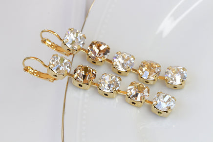 Rose Gold BRIDAL EARRINGS, Champagne Wedding Earrings, Rebeka Crystals Earrings, Gold Drop Long Earrings, Chandelier Statement Bridesmaid