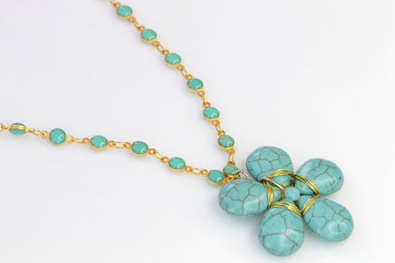 TURQUOISE FLOWER NECKLACE,Blue Turquoise Necklace,Turquoise Beads Necklace.Gemstone Turquoise Necklace,Turquoise Long Necklace,Boho Necklace