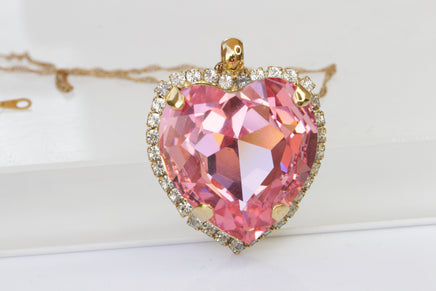 PINK HEART NECKLACE, Valentine's Day Gift for Wife, Statement Rebeka Heart Necklace,Heart Shaped Necklace, Big Gold Pendant Necklace Gift