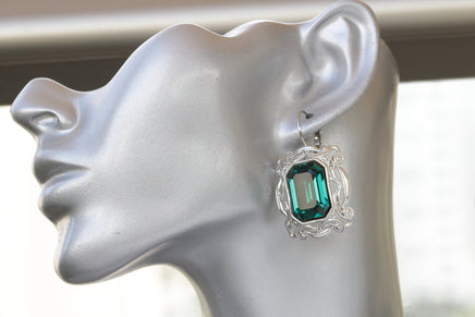 EMERALD STATEMENT EARRINGS, Dark Green Earrings, Rebeka Earrings, Antique Style, Big Drop Earrings, Filigree Jewelry,Emerald Cut Earrings