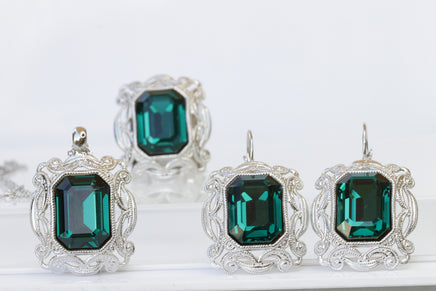 EMERALD STATEMENT RING, Dark Green Filigree Ring, Rebeka Earrings,Antique Style Big Ring, Formal Jewelry, Emerald Cut Cocktail Woman Ring