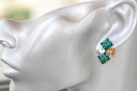 Gold EMERALD STUD EARRING, Emerald Bridal Earrings, Green Emerald Champagne Rebeka Earrings,Woman Dainty Studs,  Estate Climbing Earring,