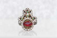 HAMSA RUBY Emerald RING, Evil Eye Ring, Silver Sterling And Brass Eye Ring, Hand Of Fatima Ring, Hamsa Ring, Protection Ring, Gift For Her