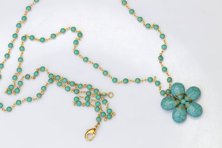 TURQUOISE FLOWER NECKLACE,Blue Turquoise Necklace,Turquoise Beads Necklace.Gemstone Turquoise Necklace,Turquoise Long Necklace,Boho Necklace