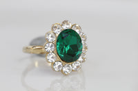 Emerald Gold Ring, Engagement Rings, Art Deco Ring, Big Zircons Ring, Pave Ring, Green Stone Ring, Princess Diana Historic Lady D inspired