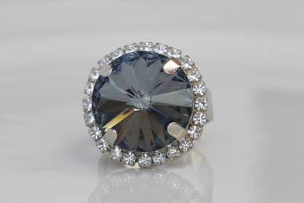 GRAY RING, Gray Silver Night Ring, Rebeka Rings, Big Round Stone Ring, Cocktail Dark Grey Ring,,Signet Engagement Ring, Women's Ring
