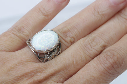SILVER Opal Ring, White Fire Opal Ring, Opal Oval Ring, October Birthstone Ring, White Opal Ring, Women;s Opal Ring, Filigree Opal Ring Gift
