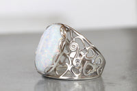 SILVER Opal Ring, White Fire Opal Ring, Opal Oval Ring, October Birthstone Ring, White Opal Ring, Women;s Opal Ring, Filigree Opal Ring Gift