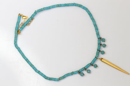 GOLD TURQUOISE NECKLACE, Beaded Turquoise Necklace, Flat Beads Turquoise Necklace, Genuine Turquoise Necklace, Blue Gold Choker Necklace