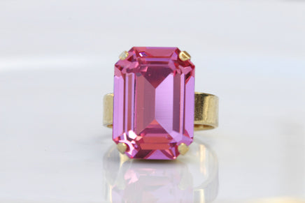 FUCHSIA RING, Pink Rebeka Crystal Ring, Unique Rectangle Ring, Gold Pink Cocktail Ring, Bridal Shower Gift Idea, Hot Rose Pink Ring