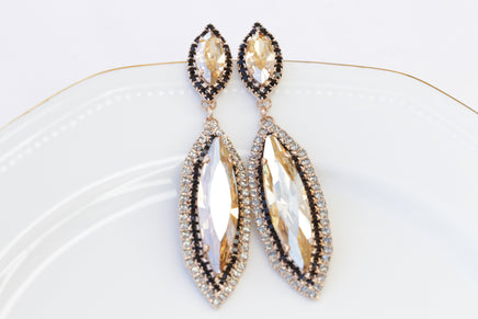CHAMPAGNE LONG Drop Chandelier EARRINGS, Big Gold Black Earrings, Rebeka Earrings,Statement Black Gold Earrings,Mother Of The Brides Gift