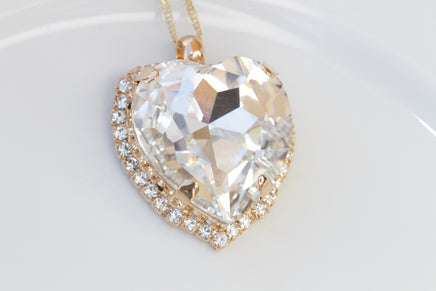 CLEAR Crystal HEART NECKLACE, Valentine's Day Gift for Wife,Statement Rebeka Necklace,Heart Shaped Necklace,Anniversary Wedding Necklace