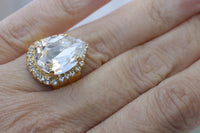 CRYSTAL Rebeka RING, Clear Teardrop Ring, Big Gold Plated Feather Ring, Pear Shaped Ring, Woman's Gift, Cocktail Adjustable Bridal Ring