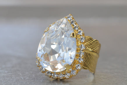 CRYSTAL Rebeka RING, Clear Teardrop Ring, Big Gold Plated Feather Ring, Pear Shaped Ring, Woman's Gift, Cocktail Adjustable Bridal Ring