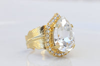 CRYSTAL Rebeka RING, Clear Teardrop Ring, Big Gold Plated Feather Ring, Pear Shaped Ring, Woman's Gift, Cocktail Adjustable Bridal Ring