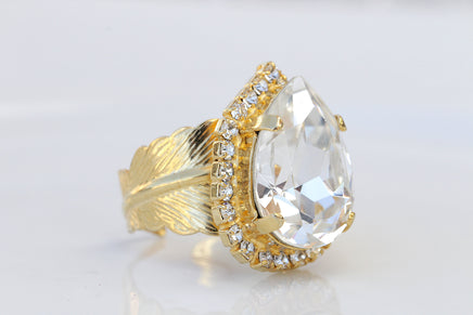 CRYSTAL Rebeka RING, Clear Teardrop Ring, Big Gold Plated Feather Ring, Pear Shaped Ring, Woman's Gift, Cocktail Adjustable Bridal Ring