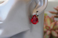 RED DROP earrings, Bridesmaid Dark Red Siam Earrings, Vintage Brass Earrings, Teardrop Earring, Rebeka Wedding Jewelry, Bordeaux Earrings