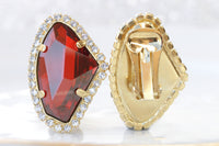 RED clip on earrings, Gold Red clip earrings, Asymmetric Rebeka earrings, Non pierced earrings, Woman Prom earrings, Crystal clip earring