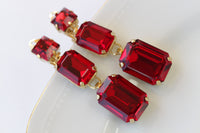RED DROP EARRINGS, Simple Earrings,  Crystals Square Earrings, Bridal Red Earrings, Red Ruby Crystals Gold Earrings,Wedding Long Earring