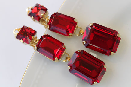 RED DROP EARRINGS, Simple Earrings,  Crystals Square Earrings, Bridal Red Earrings, Red Ruby Crystals Gold Earrings,Wedding Long Earring