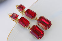 RED DROP EARRINGS, Simple Earrings,  Crystals Square Earrings, Bridal Red Earrings, Red Ruby Crystals Gold Earrings,Wedding Long Earring