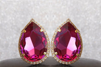 HOT PINK Earrings, Large Stud Earrings, Teardrop Earrings, FUCHSIA Crystal Earrings, Dark Pink Custom Earrings, Pink Statement Big Earring