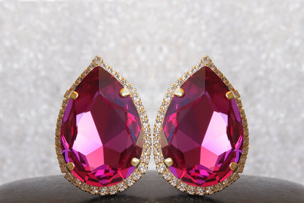 HOT PINK Earrings, Large Stud Earrings, Teardrop Earrings, FUCHSIA Crystal Earrings, Dark Pink Custom Earrings, Pink Statement Big Earring
