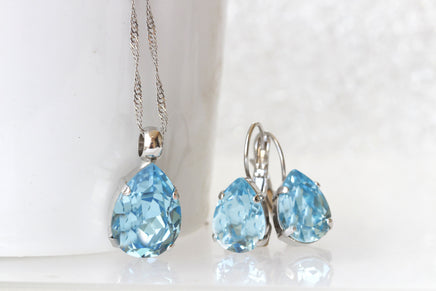 AQUAMARINE JEWELRY SET, Teardrop Simple Dainty Light Blue Aquamarine Crystals Earrings and Necklace set,  Bridal Jewelry Gift For Wedding