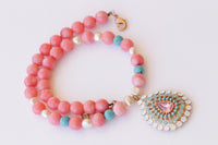 PINK CORAL NECKLACE, Beaded necklace, Anniversary Necklace, Coral Turquoise Opal Necklace, Boho Bridal Necklace, Coral And Pearl Necklace