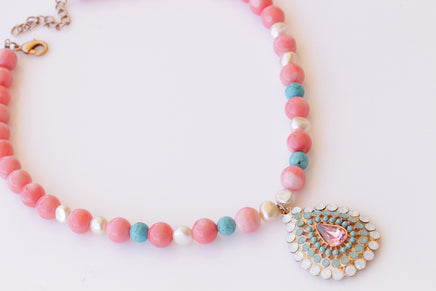 PINK CORAL NECKLACE, Beaded necklace, Anniversary Necklace, Coral Turquoise Opal Necklace, Boho Bridal Necklace, Coral And Pearl Necklace
