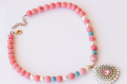 PINK CORAL NECKLACE, Beaded necklace, Anniversary Necklace, Coral Turquoise Opal Necklace, Boho Bridal Necklace, Coral And Pearl Necklace