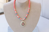PINK CORAL NECKLACE, Beaded necklace, Anniversary Necklace, Coral Turquoise Opal Necklace, Boho Bridal Necklace, Coral And Pearl Necklace