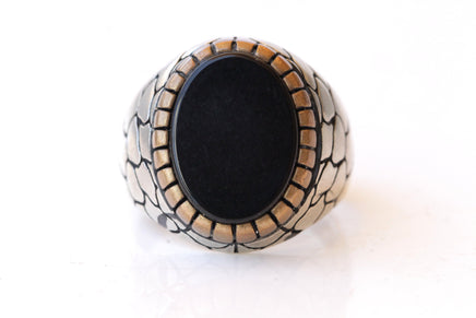 BLACK STONE RING, Men Signet Ring, Mixed Metals Ring, Texture Ring, Big Signet Ring, Seal Ring, Art Deco Ring, Oval Flat Ring, Husband Gift