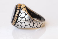 BLACK STONE RING, Men Signet Ring, Mixed Metals Ring, Texture Ring, Big Signet Ring, Seal Ring, Art Deco Ring, Oval Flat Ring, Husband Gift