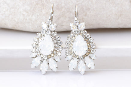 OPAL BRIDAL EARRINGS, White Opal Bridal Earrings, Drop Earrings, Long Leverback Earrings, Jewelry For Bride, Crystal Wedding Jewelry Gift