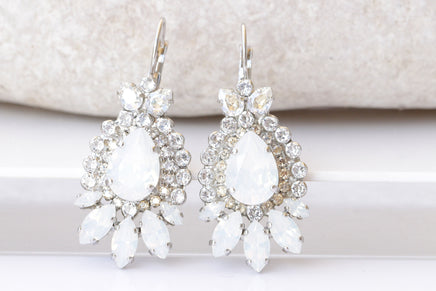 OPAL BRIDAL EARRINGS, White Opal Bridal Earrings, Drop Earrings, Long Leverback Earrings, Jewelry For Bride, Crystal Wedding Jewelry Gift