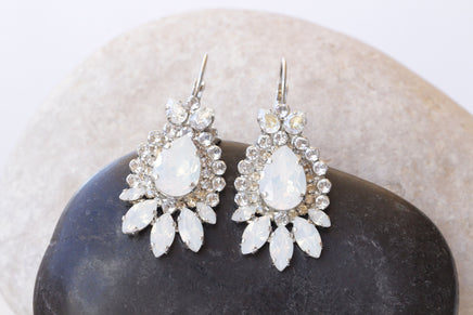 OPAL BRIDAL EARRINGS, White Opal Bridal Earrings, Drop Earrings, Long Leverback Earrings, Jewelry For Bride, Crystal Wedding Jewelry Gift