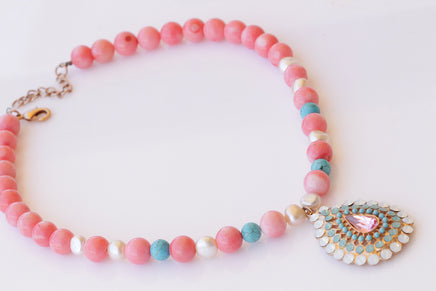 PINK CORAL NECKLACE, Beaded necklace, Anniversary Necklace, Coral Turquoise Opal Necklace, Boho Bridal Necklace, Coral And Pearl Necklace