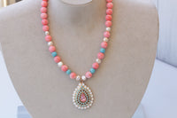 PINK CORAL NECKLACE, Beaded necklace, Anniversary Necklace, Coral Turquoise Opal Necklace, Boho Bridal Necklace, Coral And Pearl Necklace